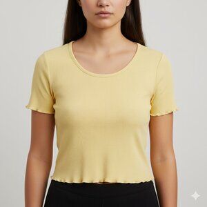 ASOS Design Women's Size 10 Butter Yellow Ribbed Lettuce Trim Cropped T-Shirt
